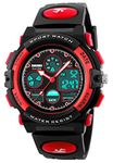 Kids Analog Digital Electronic Sports Watches Multifunctional Military Time Dual Time Alarm Stopwatch Day Date Quartz 50M Waterproof LED Watch (Red)