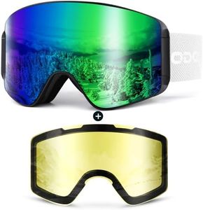 Odoland Ski Goggles Set with Detachable Lens, Frameless Interchangeable Lens Anti-Fog UV Protection Snow Goggles for Men and Women, Helmet Compatible, Black and Green