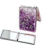 MEPOINT Makeup Mirror Mini Portable Double-Sided Magnifying Handheld Mirror Dream Quicksand Glitter Mirror Folding Mirror for Purses and Travel (Color May Very Square) (Purple)