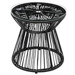 Outsunny Freestanding End Table, Round Hollow Drum Design Side Table with Round PE Rattan and Tempered Glass Tabletop for Patio, Garden, Balcony, Black