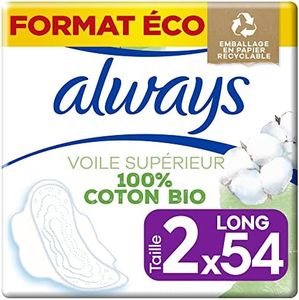 Always Cotton Protection Serviettes Hygiéniques, Taille 2, Long, 54 Serviettes Hygiéniques Avec Ailettes, Flux Modérés Jour, Format Eco, Voile 100% Coton Bio, Sans Parfum, Emballage papier recyclable