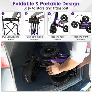 COSTWAY Folding Rollator Walker – Adjustable Seat, All-Terrain Tires, Purple