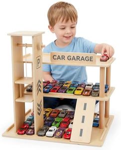 Woodtoe Wooden Display Case for Hot Wheels & Matchbox, 1/64 Scale Diecast Toy Car Display Shelf for 70 Cars, Toy Car Parking Garage Rank with Ramp & Lift, Model Toy Cars Storage Organizer for Kids 3+