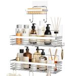 Orimade Adhesive Shower Caddy Soap Dish Holder Shelf with 5 Hooks Bathroom Organizer Basket Kitchen Storage Rack Wall Mounted No Drilling Stainless Steel - 3 Pack, Silver