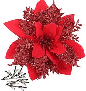 iDopick 16 Pieces Christmas Poinsettia Artificial Christmas Flowers Decorations Glittering with Clips for Xmas Wedding Party Tree Wreath Ornaments Glitter(Red)