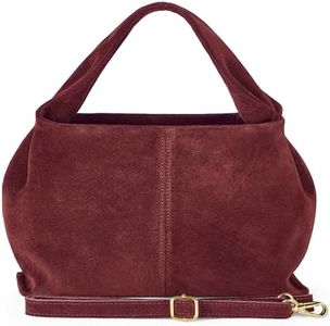 Italian Genuine Suede Shoulder Bag for Women with Sculpted Top Handle & Detachable Strap | Medium Designer Handbag (Burgundy)