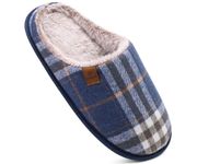 COFACE Mens Blue Flano Plaid Memory Foam Mule Slippers Slip On Warm Fluff House Indoor/Outdoor Shoes With Anti-skid Sole Size 9