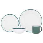 Argon Tableware 16 Piece White Enamel Dinner Set - Metal Outdoor Camping Plates Bowls Mugs for 4 - Green