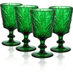 SOUJOY Set of 4 Colored Wine Glass Goblet, 12oz Handmade Pressed Stemmed Water Cup, Green Vintage Tropical Palm Pattern Embossed Drinkware for Party, Wedding, Christmas