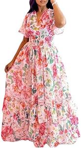 HD Flower Print Flouncing Chiffon Dress V Neck Elastic Waist Maxi Dress Short Sleeves Pink