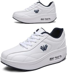 RUIDENG Walking Sneakers for Women Comfy | Womens Tennis Shoes Work Long Hours | Waterproof Leather Thick Rocker Bottom White Blue Size 7