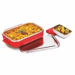 Signoraware Health Bud Small Stainless Steel Lunch Box with Steel lid (with Insulation Puffing) and Small Handy Steel Container with Leakproof Plastic Lid, 650ml + 150ml, Red, Set of 2