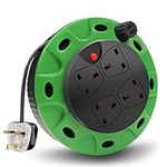 ExtraStar 13A Electrical Extension Reel, 4 Sockets Cable Reel with Winding Handle 1100W/3120W Thermal Cut Out, Heavy-Duty Extension Lead with 5 Metre Cord - Green