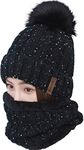 LCZTN Womens Pom Beanie Hat Scarf Set Girls Cute Winter Ski Hat with Fleece Lined Black