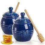 Hiceeden 2 Pack Ceramic Honey Pot with Dipper, 11.8oz Small Honey Jar with Lid Honey Holder Set, Rustic Honey Dispenser Container Dish with Embossed Bee for Syrup, Sauce, Blue