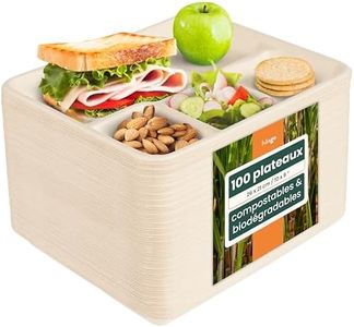 HAAGO 100 Assiettes Jetables Carrées en Bagasse de Canne à Sucre - Biodégradable & Compostable (5 Compartiments, 26cm)