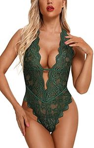 Aranmei Sexy Lingerie for Women Hollow Out Floral Lace Bodysuit One Piece Lingerie Deep V Teddy Babydoll Underwear, Green, Small