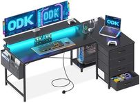 ODK L Shaped Gaming Desk with LED Lights & Power Outlets, 140x80cm Corner Computer Desk with Drawers, Reversible Gaming Table with Monitor Shelf & PC Stand, Black