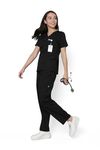 KNYA Classic Women's 5-Pocket New Gen Scrubsuit | V Neck | Flexible & Comfortable Top & Bottom | Easily Accessible Pockets | Uniform for Doctors | Black (M)