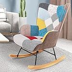 KGOPK Nursery Rocking Chair, Mid Century Upholstered Rocker Glider Chair High Back Armchair with Wood Legs and Patchwork Linen for Livingroom Bedroom