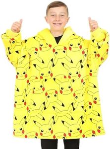 Pokemon Pikachu Boys Girls Fully Lined Luxury Fleece Hoodie, Oversized Fleece Blanket Hoody Yellow, Yellow, One Size