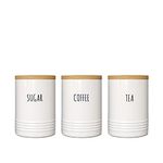 Karisky Kitchen Storage Canisters, Set of 3 Tea Coffee Sugar Jar with Airtight Bamboo Lid, Modern Farmhouse Metal Food Storage Container for Kitchen Counter