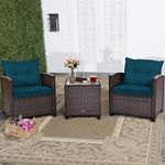 RELAX4LIFE 3 Piece Patio Furniture Set, Wicker Bistro Conversation Set w/2 Cushioned Armchairs & Glass Topped Table, Outdoor Rattan Sofa Set Patio Furniture for Porch Balcony Poolside (Peacock Blue)