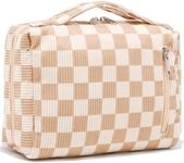 Bluboon Makeup Bag Zipper Pouch Travel Portable Cosmetic Bag Organizer for Women and Girls, Corduroy Checkered Brown