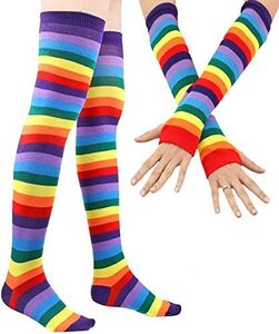 YELAIVP Stripe Rainbow Thigh High Socks Over Knee Socks Fingerless Gloves Set Cosplay Accessories Arm Leg Warmers for Girls Women