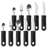 10 Pcs Adaptive Utensils,Easy Grip Silverware,Special Supplies Stainless Steel Utensils,Wide, Non-Weighted, Non-Slip Handles for Hand Tremors, Arthritis, Parkinson’s or Elderly Use,Black