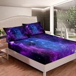 Purple Galaxy Bed Sheets Queen Size Constellation Bedding Set Kids Teens Girls Boys Starry Sky Fitted Sheet Outer Space Universe Star Design, Fashion Home Decorative 3 Piece Bedding Decor Set