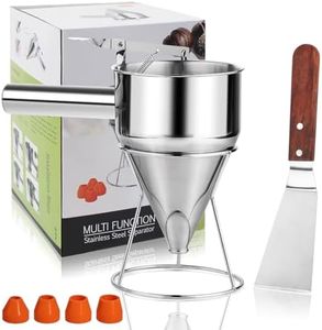 40oz Pancake Batter Dispenser Stainless Steel with Metal Spatula, Stand, Squeeze Handle and Versatile Silicone Funnel, Baking Tool for for Pancake, Cake, Cupcake, Waffles and Muffins Making