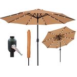 GlamHaus Garden Parasol Solar LED 2.7M,Tilting Table Umbrella with Crank Handle, Protection UV40, Includes Parasol Cover, Gardens and Patios - (Khaki Sand)