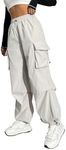 SweatyRocks Women's Drawstring Elastic Waist Loose Pants Casual Flap Pocket Cargo Pants Trousers Light Grey Medium