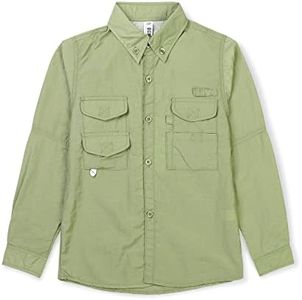 OCHENTA Boys Sun Protection Fishing Shirt Long Sleeve Button Down Quick-Dry Hiking Scout Tops Khaki 140-8-9 Years