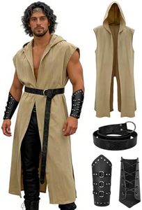 Verceco Men’s Renaissance Costume Set – Medieval/Renaissance Costume for Men with Hooded Surcoat Leather Belt & Bracers (Khaki, XXL)