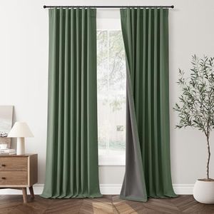 2 PCs Olive Green Linen Blackout Curtains 84 Inch Long for Living Room, Thermal Insulated Pleated Drape with Hooks Back Tab Boho Decor, Olive Forest Loden Full Black Out Curtains for Bedroom