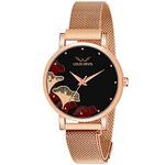 LOUIS DEVIN Rose Gold Plated Mesh Chain Analog Wrist Watch for Women (Black Dial) | LD-RG162-BLK