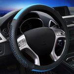 Car Steering Wheel Cover Genuine Leather Heavy for Summer Women 38CM / 15 '' Hole Perforation Anti-Slip (Black Blue)