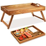 Tatuo 2 Pcs Acacia Bed Table Tray with Folding Legs and Handles Laptop Wooden Breakfast Tray Serving Floor Desk TV Trays for Eating on Couch Low Table for Sitting on The Floor for Kids, Large Size