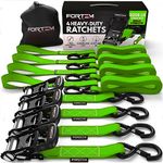 FORTEM Ratchet Tie Down Straps, 5208lb Break Strength, (4) 10ft Heavy Duty Straps, (4) Soft Loops, Rubber Coated Metal Handles, Plastic Coated Metal Hooks, Carrying Bag (Green)