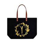 ELEGANTPARK Personalized Birthday Gifts for Women Mom Friend Sister Teacher Appreciation Gifts Monogrammed Gifts Initial Tote Bag Present Bag Black Canvas Tote Bag with Pocket Gold Letter Y