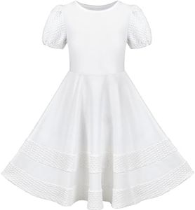 Sunny Fashion Girls Dress White Solid A-line Retro Puff Sleeve Casual Spring Summer 6 Years