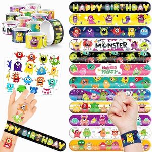 Cherisnowy 48 PCS Monster Party Favors 24PCS Tattoos Stickers 24PCS Slap Bracelets Wristbands Perfect for Themed Birthday Baby Showers or Classroom Rewards Ideal Decor and Gifts for Girls and Boys