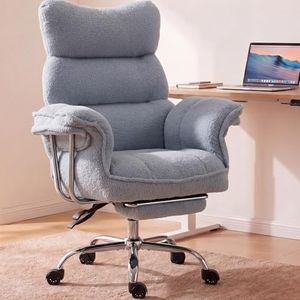Dowinx Big and Tall Office Chair, Ergonomic Desk Chair with Thick Cushion, Wide Seat & Armrests Computer Gaming Chair,High Back Reclining Teddy Fleece Criss Cross Chair with Foot Rest, Blue