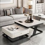 Welltrade Shoppee Modern Marble Finish Set of Coffee Table 2, Piece Stacking Tea Sofa Table Center Table with Wooden Drawer and Metal Frame for Living Room (White & Black)