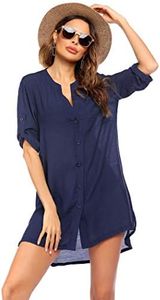 Ekouaer Femme Robe de Plage Femme Manches Longueur 3/4 Chemise avec Bouton Holiday Sexy Beachwear Bikini Cover Up Col en V, Bleu Marine, XL
