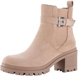 Shoe'N Tale Chelsea Boots for Women Ankle Boots Lug Sole Mid Chunky Heel Platform Round Toe Buckle Slip On Elastic Fashion Comfortable Booties, Khaki, 9