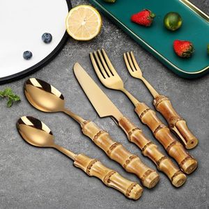 gold bamboo silverware set, 60-piece cutlery sets for 12, bamboo handle flatware set reusable, stainless steel travel set,silverware set for dinning, dishwasher safe