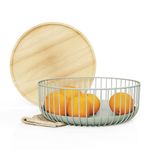 LIBKEN Fruit Basket with Wooden Bamboo Lid- Fruit Bowl For Kitchen Counter - Countertop Bin for Produce Fruits, Potato and Veggie - Metal Wire Baskets For Organizing - 11.4"x11.4"x4.5" - Green